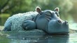 A baby hippo with the coat of a sheep, lounging sleepily by a gentle river, 3D illustration