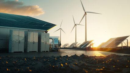 advanced battery energy storage system with wind turbines and solar panels, modern green power grid
