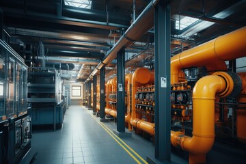 Poster - Modern industrial building with pipes, heat exchangers and valves.
