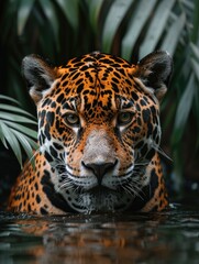 Wall Mural - jaguar in the water on the river. green natural jungle background. panthera onca.