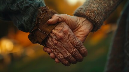 The hands of an old couple hold each other symbolizing love until old age.