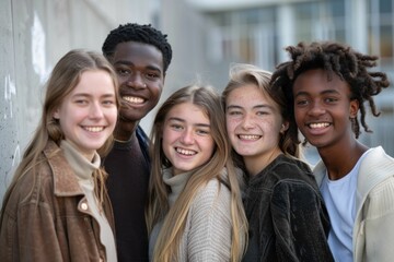 Wall Mural - Happy group of young friends posing for a photo in front of a modern building on a sunny day