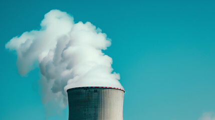 A detailed close-up of a nuclear power plant cooling tower, emitting vapor against a clear blue sky, with focus on the texture and structure.