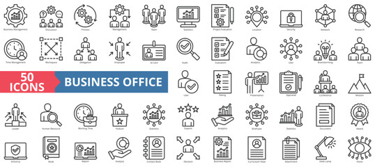 Business office icon collection set. Containing management, discussion, process, team, statistics, project evaluation, location icon. Simple line vector.