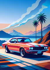 Canvas Print - A sports car on the road.The road into the distance. The car rushes along a picturesque road.Let's go! An illustration of a car ready for new discoveries in the vast expanses. mustang