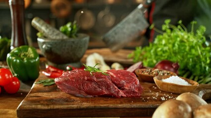 Wall Mural - Super Slow Motion of Flying Salt no Raw Beef Steak. Camera Placed on High Speed Cine Bot. Chef is Pouring Salt on the Meal. Filmed on High Speed Cinema Camera, 1000 fps. 