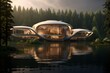 Futuristic eco-friendly houseboat on forest lake, modern architecture concept