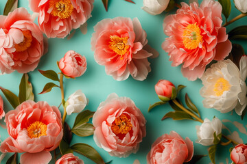 Poster - Pink and white peonies with green leaves on a turquoise background