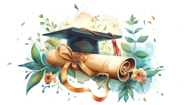 A watercolor painting of a graduation cap and diploma, surrounded by flowers and leaves.