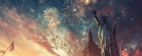 The Statue of Liberty, symbolizing the celebration of American Independence Day, against the background of the flag and sky with fireworks,