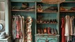 Charming shelf arrangement featuring a curated selection of vintage garments, emphasizing chic storage