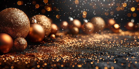 Gold abstract bokeh background. Christmas golden balls on gold shiny bokeh background. Abstract gold bokeh with black background. Merry Christmas and Happy New Year banner with copy space. 