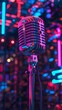 Retro microphone with neon signs, dark studio backdrop, low angle, 3D, neon night vibe