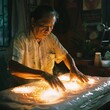 A Filipino Hilot healer using traditional massage techniques, their hands emitting a radiant glow as they manipulate energy pathways in the body