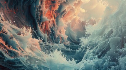 Wall Mural - Artwork featuring an abstract design with swirling patterns that resemble turbulent ocean waves and fiery clouds