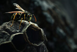 Close up of Wasp sits on wasp nest, macro shot of wasp