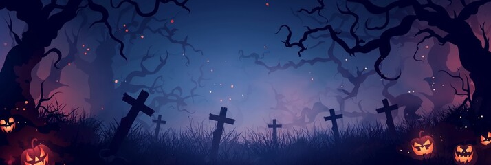 The eerie Halloween-themed digital artwork conveys ominous mystery with silhouetted trees, graves, and glowing jack-o-lanterns