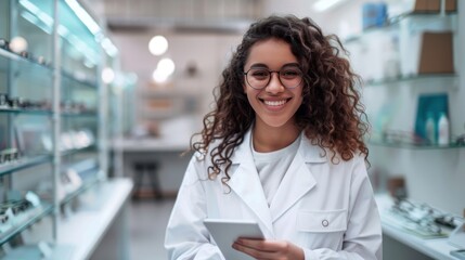 Beautiful young optometrist standing smiling looking at camera while holding digital tablet in standard eyeglasses store