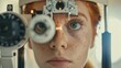 Close up of a woman with opticians testing equipment on her eyes