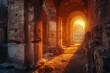 The warm glow of sunset bathes ancient ruined arches and columns, casting shadows and a sense of historical wonder.