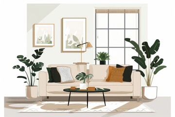 Wall Mural - Modern living room with minimalist furniture, neutral colors, and cozy textiles on a clear white background.