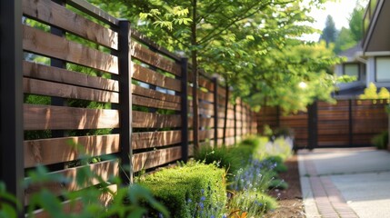 Elegant Wooden Fence Design in a Lush Garden Setting. Generative ai