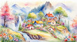 Village in the valley surrounded by waterfall and stream covered by flowers blossom, watercolor painting style, generative AI.