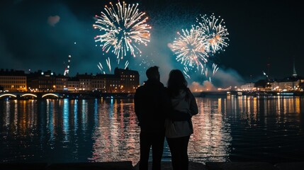 Wall Mural - happy couple on the beach enjoying the sunset. concept of independence of america and valentines day