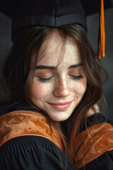 Wall Mural - Emotional portrait of a graduate girl hugging her friend after the graduation ceremony.