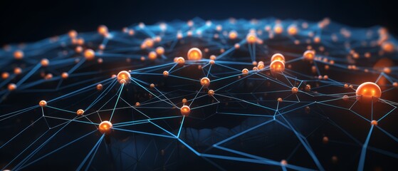 Dark 3D background with glowing technology nodes and connections