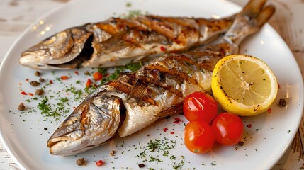 Poster - Grilled fish on a plate with lemon and tomatoes. Healthy eating concept. Seafood cuisine presented elegantly. Perfect for culinary websites. AI