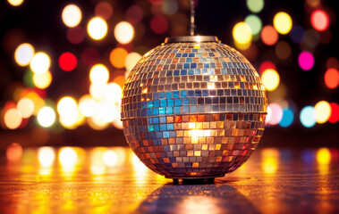 Wall Mural - golden disco ball with bokeh lights background created with Generative AI technology