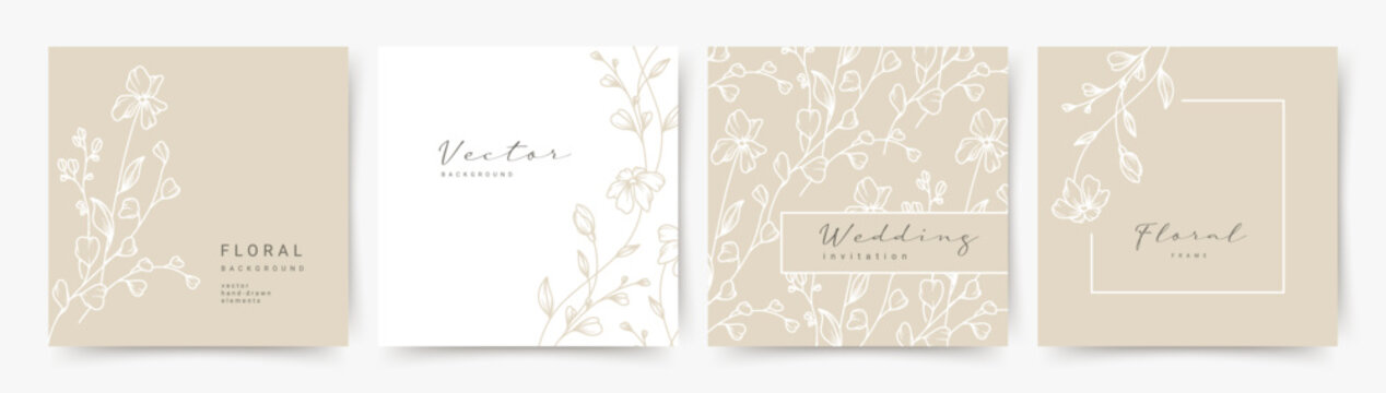 Floral elegant background with hand drawn flower elements in neutral beige. Vector design templates for wedding invitation, card, poster, business card, flyer, social media post, banner, label