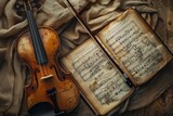 antique violin with bow on vintage music sheet background classical instrument still life