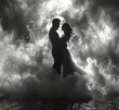 man and woman in an artistic dance, surrounded by swirling dust clouds that create the illusion they floating above their feet
