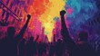 A large crowd of people are marching down a city street, with their fists raised in the air. The sky is a bright, colorful gradient, and the buildings are silhouetted against it. The people are all we