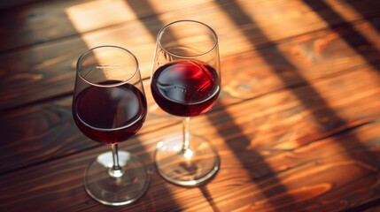 Wall Mural - Two wine glasses filled with red wine on a wooden table