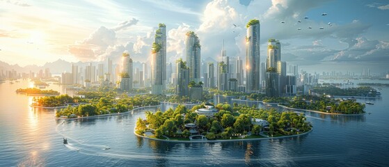 panoramic view of a future citys waterfront, where amphibious vehicles transition between water and 