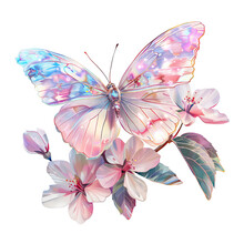 Vibrant Holographic Pink Butterfly And Flowers Clipart Isolated On White Background