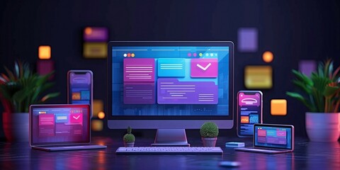 Cross platform website, app design development on laptop, phone, tablet. Technology of create software, code of mobile applications. Programming responsive layout of graphic interface, ui, ux concept