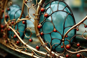 Poster - Detailed close-up of a metal object adorned with vibrant red beads. The intricate design and textures are highlighted in this shot