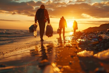 Wall Mural - Three people are walking on a beach, carrying trash bags. Volunteer