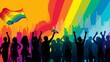 LGBTQ Pride Month parade of people on the city streets. People on liquid rainbow background. Human rights or diversity concept. LGBT banner