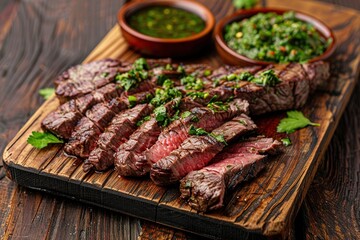 Wall Mural - Sliced flank steak cooked medium on a charcoal grill on a dark background. Top view