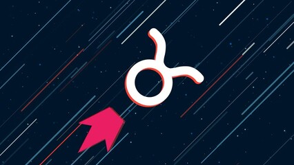 Poster - Zodiac taurus symbol flies through the universe on a jet propulsion. The symbol in the center is shaking due to high speed. Seamless looped 4k animation on dark blue background with stars