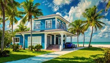 Coastal Paradise: Blue House With White Trim And Garage In Sunny Florida"