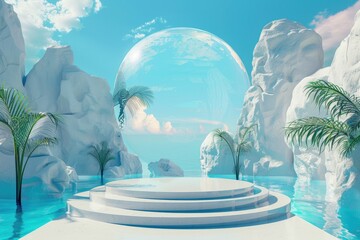 Poster - Fantasy scene with white podium and blue sky background