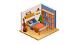 bedroom isometric interior, open view. Warm home atmosphere in love nest, Valentine's Day design, Isometric Bedroom, flat minimalistic isolated, Modern bedroom interior with furniture in isometric