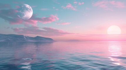 Blue sea and pink sky Saw a large moon in the distance. beauty of nature