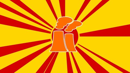 Poster - Industrial pollution symbol on the background of animation from moving rays of the sun. Large orange symbol increases slightly. Seamless looped 4k animation on yellow background